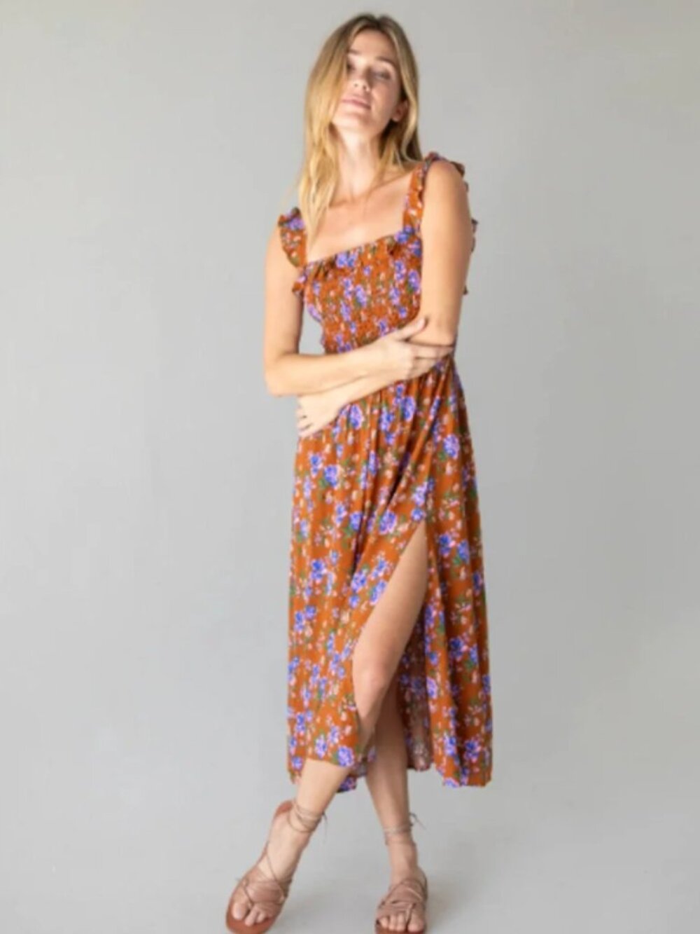 Natural Life Megan Smocked Midi Dress XS Brown Floral Boho Farm Prairie